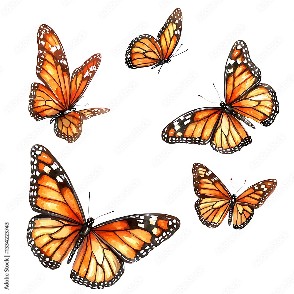 Obraz premium Four Monarch Butterflies in Flight, Watercolor Style Illustration. A vibrant image showcasing the beauty of monarch butterflies in dynamic poses.