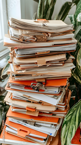 Office paperwork stack, indoor setting, plants in background, illustrating office organization challenges; ideal for articles on productivity or office management