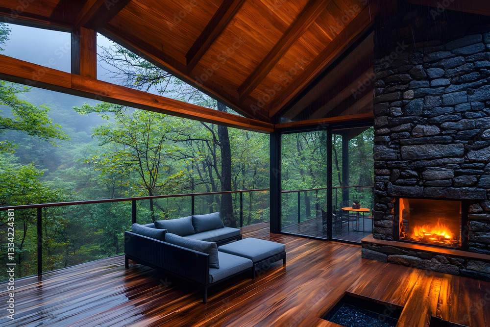 Fototapeta premium Rain-kissed forest view from a modern deck with a stone fireplace and comfortable seating