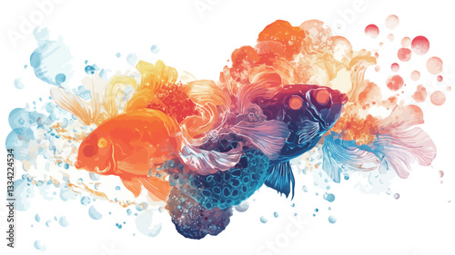 The image is an abstract illustration or painting depicting two stylized fish.  One fish is predominantly orange and yellow, while the other is dark blue and purple.  The fish are surrounded by