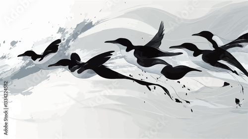 The image is an abstract depiction of a flock of birds in flight.  The birds are rendered in solid black, with varying degrees of detail suggesting movement and form. They are set against a
