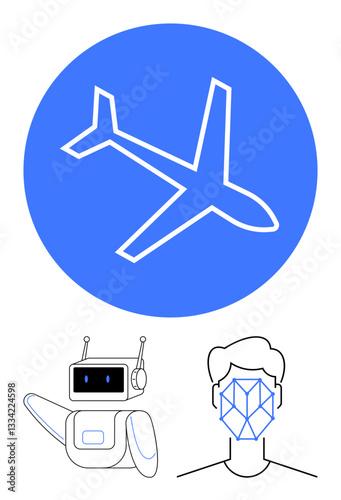 Airplane in blue circle, robot with headset, face scan wireframe mask. Ideal for AI, robotics, aviation, technology, travel security facial recognition innovation. Flat simple metaphor