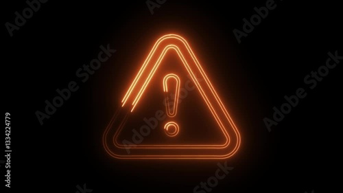 Glowing neon warning triangle icon isolated on black background. HD Video motion graphic animation