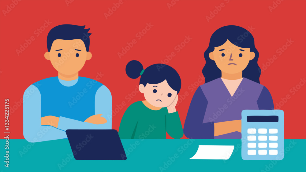 Family Discussing Finances A family sitting at a table looking worried with bills and a calculator in front of them representing the stress hyperinflation brings to household Family Discussing Finances A family sitting at a table looking worried with bills and a calculator in front of them representing the stress hyperinflation brings to household