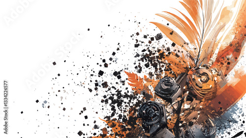 The image is an abstract digital illustration featuring a predominantly white background.  The main focus is a cluster of orange and black shapes suggesting an explosion or dynamic movement.  The