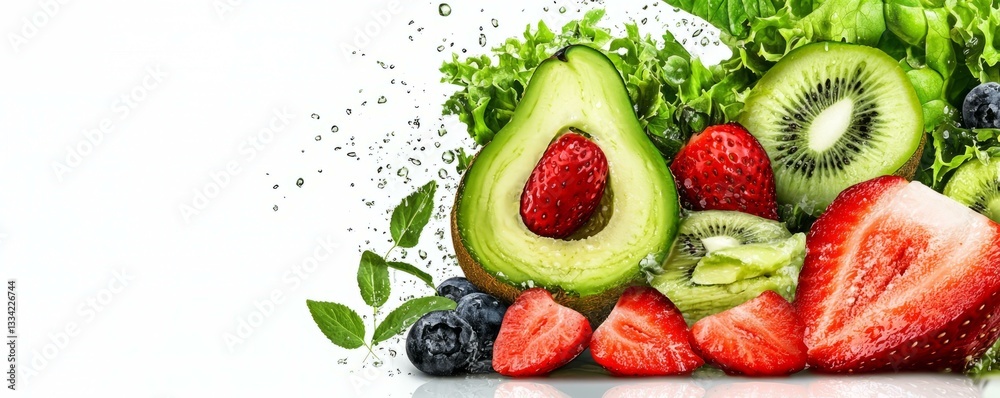 Naklejka premium Delicious fruit salad with a splash of water capturing healthy eating and refreshing ingredients