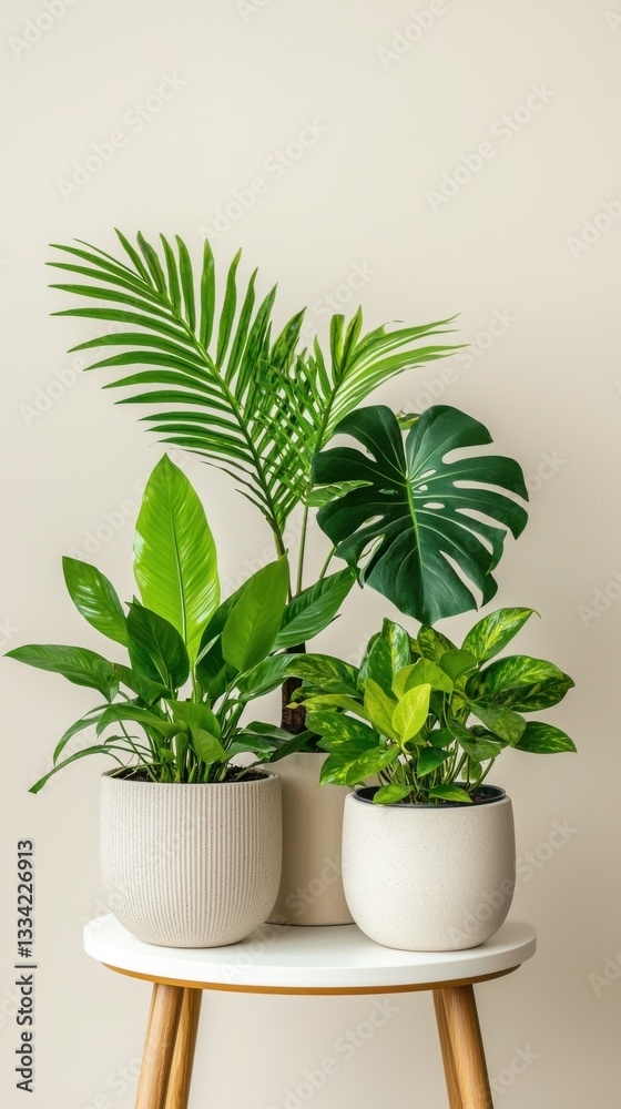 Stylish Arrangement of Serene Green Plants on Modern Shelf Stylish Arrangement of Serene Green Plants on Modern Shelf