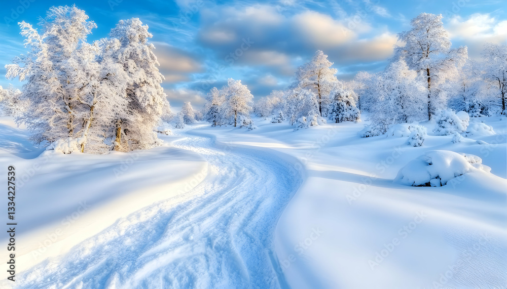 Serene winter landscape with snow-covered trees and winding path under a vibrant blue sky Serene winter landscape with snow-covered trees and winding path under a vibrant blue sky