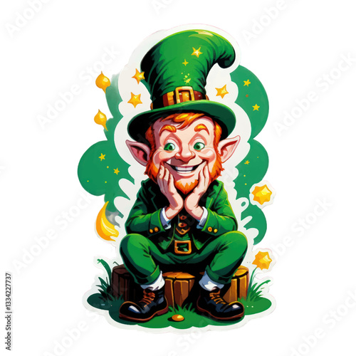 Leprechaun sitting on an oak tree ,vector illustration  sticker for St. Patricks day