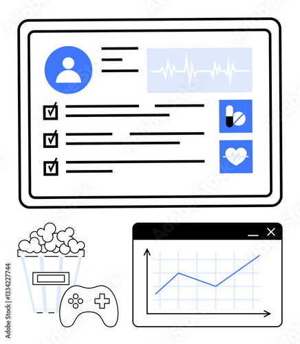 User profile with health data, to-do list, heartbeat graph, pills, gaming console, trend chart. Ideal for healthcare, fitness, tech productivity gaming data analysis flat simple metaphor