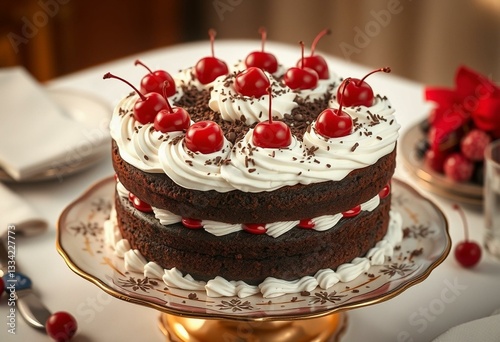 Delicious Black Forest Cake with whipped cream and cherries