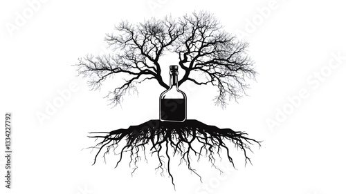 Black and white vector illustration of a stylized tree with a bottle at its center. The tree is depicted in silhouette, showing detailed branches extending upwards and a dense network of roots