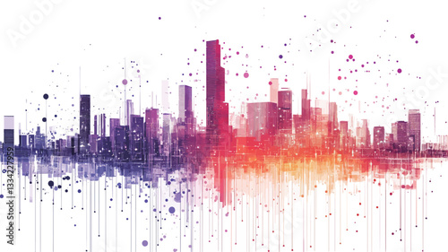 An abstract illustration depicting a city skyline. The image is rendered in a painterly style with a variety of warm and cool colors, predominantly purple, orange, and red, creating a vibrant
