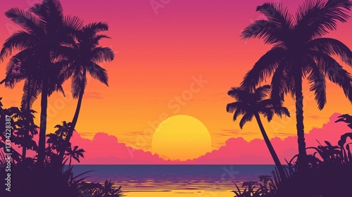 Tropical Beach Sunset with Silhouetted Palm Trees and Vibrant Pink Orange Sky - Serene Coastal Landscape for Relaxation and Travel Inspiration