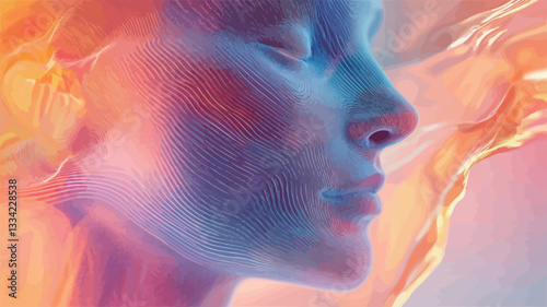 Close-up profile view of a stylized female face. The face is rendered in shades of cool blues and warm oranges and reds, with a flowing, almost liquid texture. The hair appears as fiery streams of