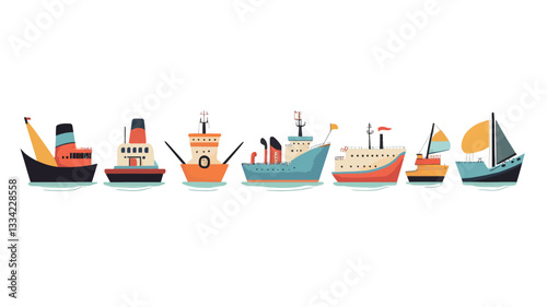 A horizontal row of eight stylized cartoon ships and boats against a white background.  Each vessel is depicted in a simplified, flat design with minimal details. The color palette is vibrant,