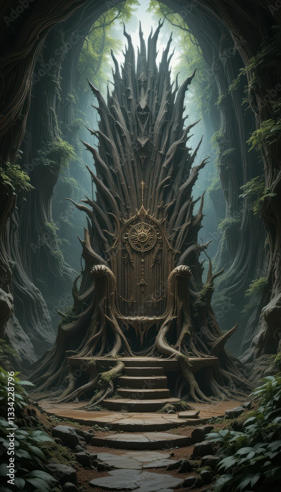 Obraz premium Majestic Throne Surrounded by Lush Forest in Mystical Setting