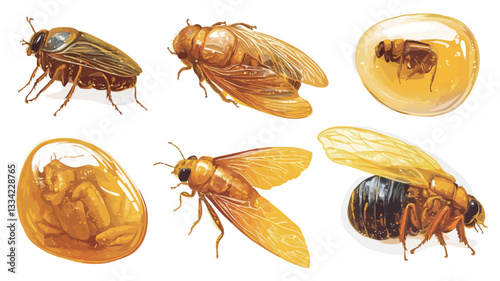 A detailed watercolor illustration depicting various stages of an insect's life cycle. The image shows six distinct stages: an egg, a nymph, a pupa, and three adult insect forms, each showcasing