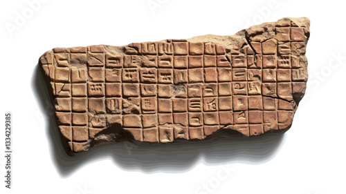 High-angle, close-up view of a fragmented rectangular clay tablet. The tablet exhibits a consistent grid pattern of impressed squares across its surface. The clay is light brown with variations in