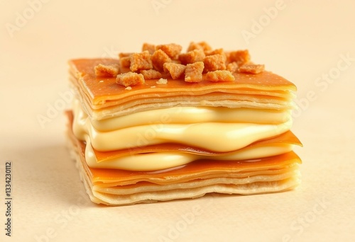 A golden brown Mille-Feuille pastry with creamy custard and caramelized sugar
