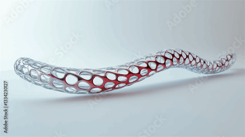 The image shows a digitally rendered 3D abstract form. The form is a long, sinuous shape resembling a wave or ribbon. It has a tubular structure composed of interconnected circular elements. The