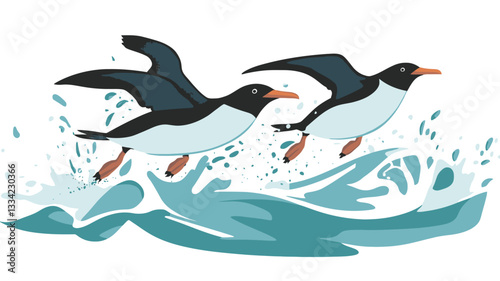 A stylized illustration of three penguins in mid-leap from ocean waves.  The penguins are depicted in a cartoonish style with simplified features and bold colors. The waves are rendered with