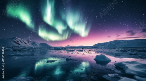 Spectacular Aurora Borealis Over Frozen Landscape in Winter Night