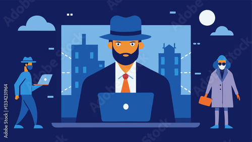 RealTime Investigation A detective on a stakeout using a laptop with facial recognition software open monitoring pedestrians for known offenders.