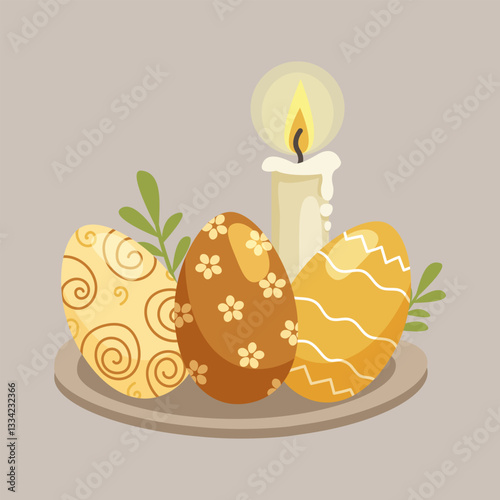 Easter Decorated Eggs with Candle and Greenery Festive Greeting Card Illustration
