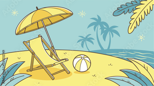 3d Vector Beach Chair, Yellow Umbrella and Ball, Summer holiday, Time to travel concept.