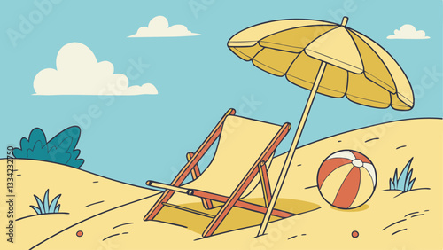 3d Vector Beach Chair, Yellow Umbrella and Ball, Summer holiday, Time to travel concept.