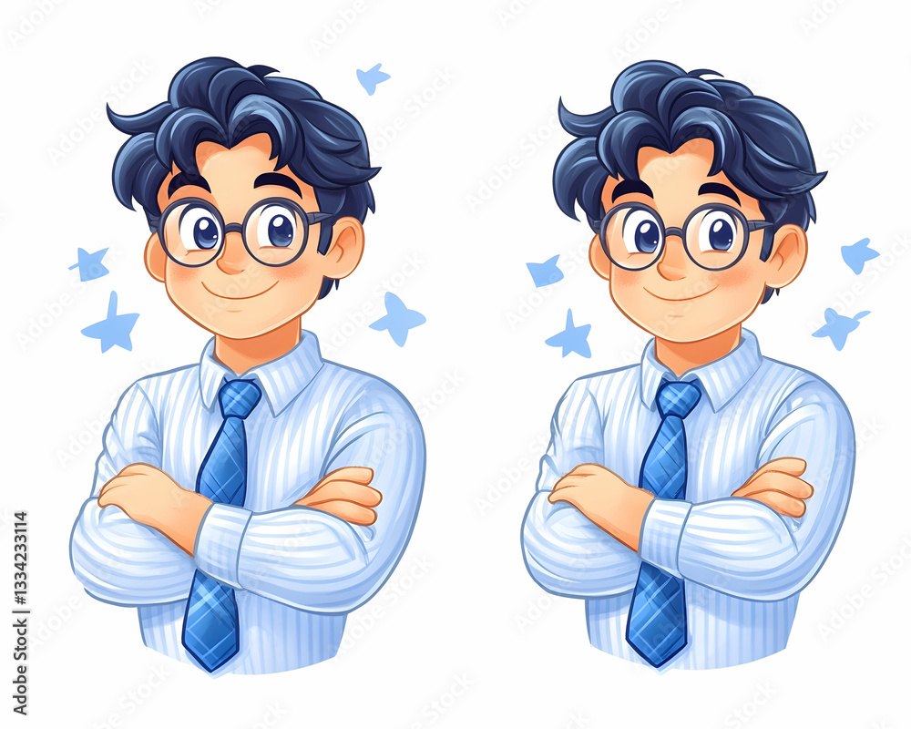 Two cheerful cartoon men with arms crossed, wearing glasses and striped shirts Two cheerful cartoon men with arms crossed, wearing glasses and striped shirts