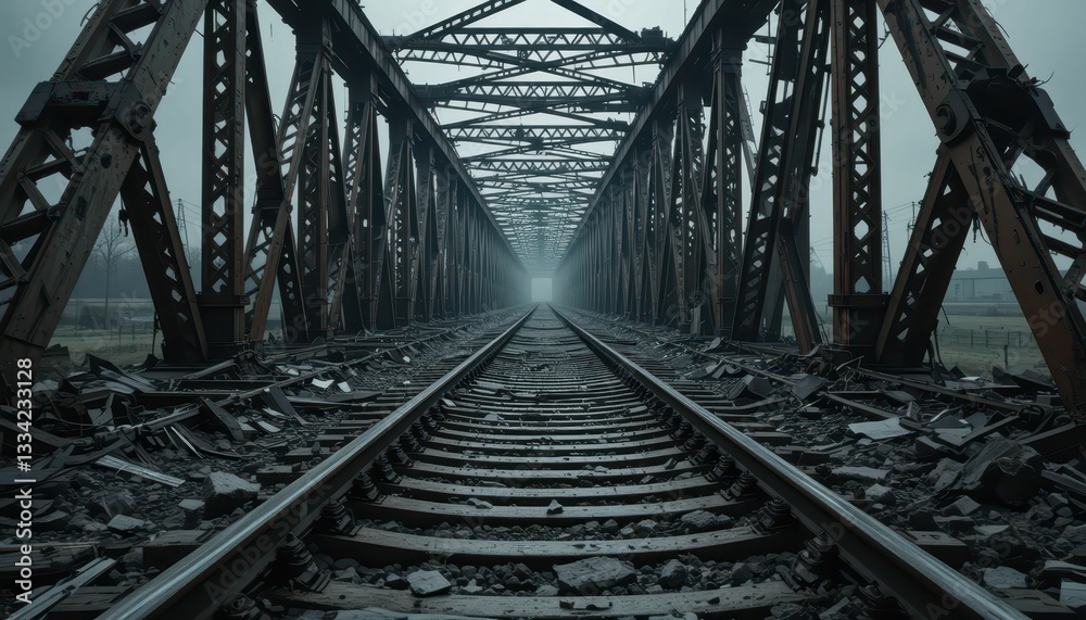 Foggy Abandoned Railway Bridge with Rusty Structure and Tracks Foggy Abandoned Railway Bridge with Rusty Structure and Tracks