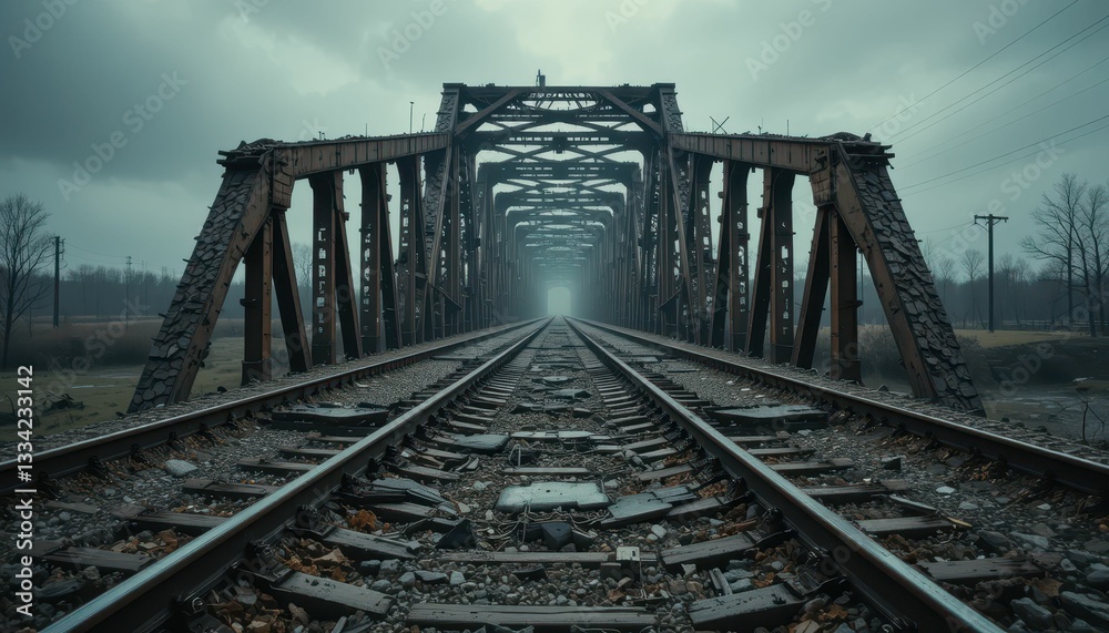 Abandoned Railway Bridge with Rusty Tracks Under Overcast Sky