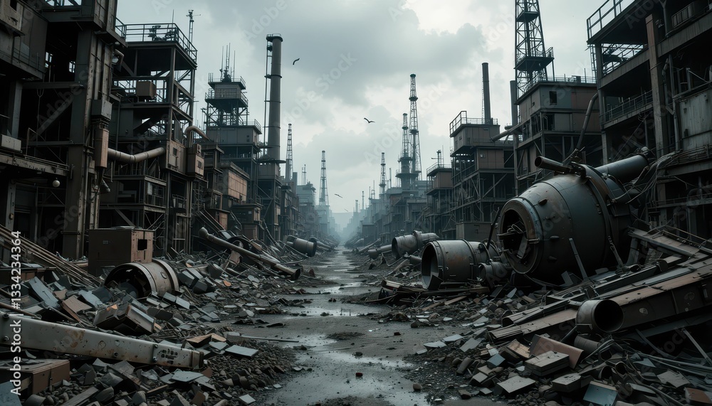 Abandoned Industrial Landscape with Debris and Smoke in the Sky Abandoned Industrial Landscape with Debris and Smoke in the Sky