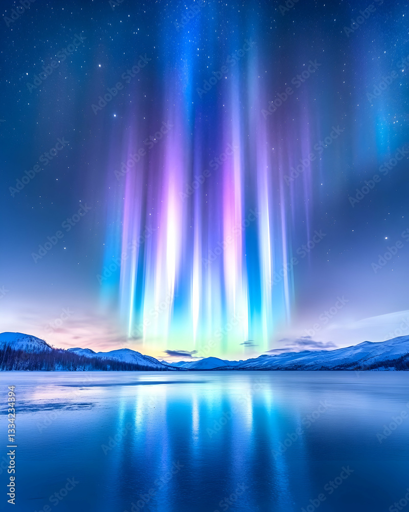 Naklejka premium Vibrant aurora borealis reflected in a frozen lake under a starry sky