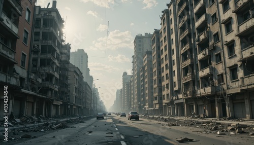Abandoned City Street After Catastrophic Event with Broken Buildings