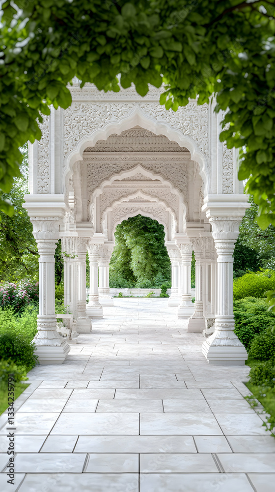 Obraz premium White ornate arched walkway in lush garden