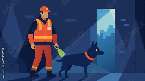 Search and Rescue Mission A K9 with a reflective harness stands beside an officer who holds a flashlight searching a dimly lit alley for a lost person.