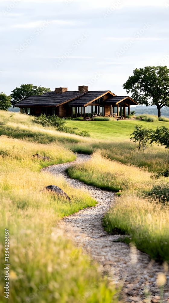 Winding path leads to a secluded, modern log home nestled on a grassy hilltop Winding path leads to a secluded, modern log home nestled on a grassy hilltop