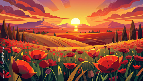 Breathtaking landscape of a poppy field at sunset with the sun dipping low on the horizon, casting a warm glow over the vibrant red flowers