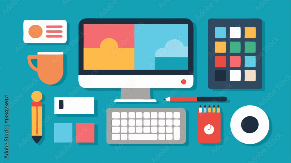Editing Tools Flat lay of various editing tools such as a mouse keyboard shorts and color palettes arranged neatly on a desk symbolizing a digital workspace. Editing Tools Flat lay of various editing tools such as a mouse keyboard shorts and color palettes arranged neatly on a desk symbolizing a digital workspace.