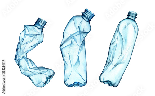 Watercolor crumpled plastic bottles. Stop Plastic waste pollution banner. Drinking bottles composition for ecology posters, environment protection, save the ocean, Earth day banners. Isolated objects
