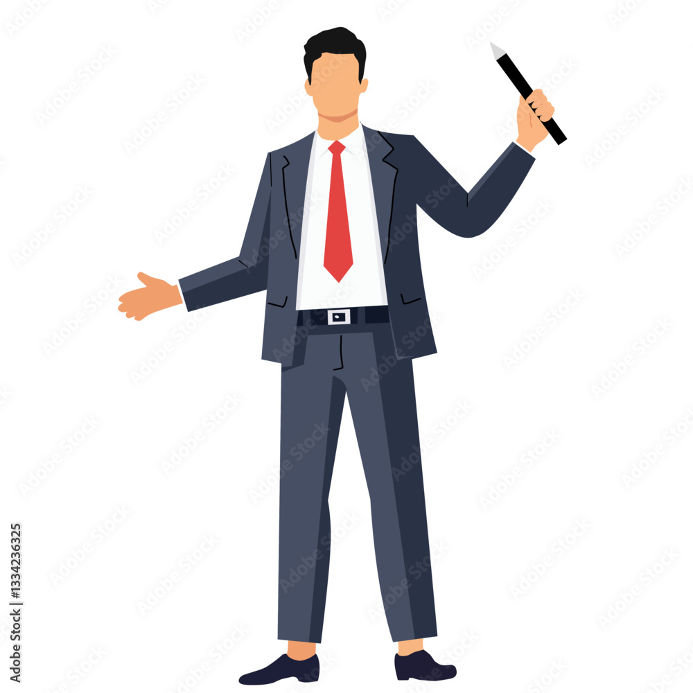 illustration of a businessman holding a pen, symbolizing leadership, presentation, or corporate communication. Flat and colorful design, suitable for business presentations, office concepts, corporate