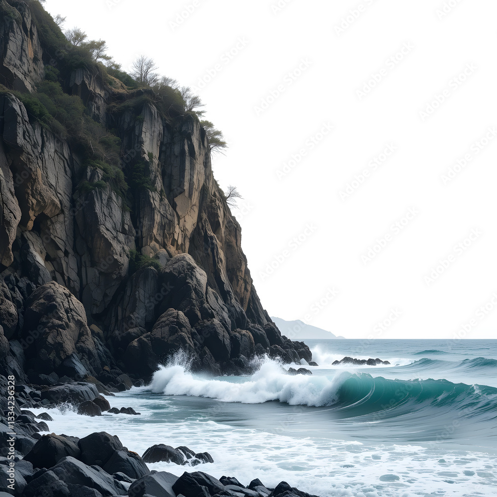 Ocean Waves Crashing Against Rocky Coastline isolated on white background Ocean Waves Crashing Against Rocky Coastline isolated on white background