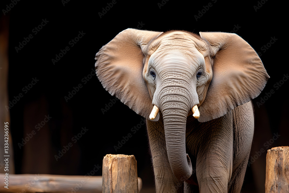 Fototapeta premium Young African elephant portrait against dark background