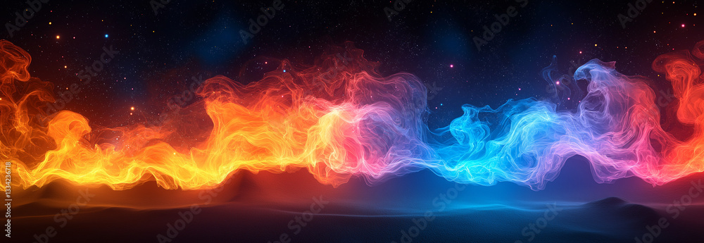 Fototapeta premium Red and blue flames burning in the center of an empty black background, a vibrant purple flame, and colorful smoke swirling in the air. The vivid colors and dynamic movement 
