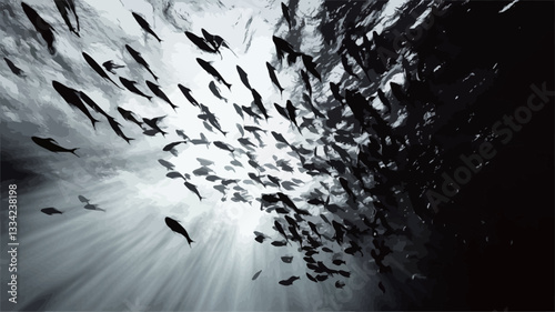 A high-contrast black and white underwater photograph depicts a large school of fish swimming in a dense formation.  The fish are silhouetted against a bright light source emanating from the top of