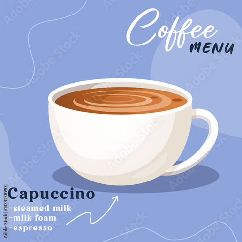 Tasty aromatic Capuccino Coffee glass cup. Beverage cafe menu design.
