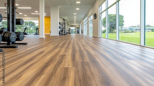 Bright Modern Gym Interior with Wood Flooring and Green Landscape View